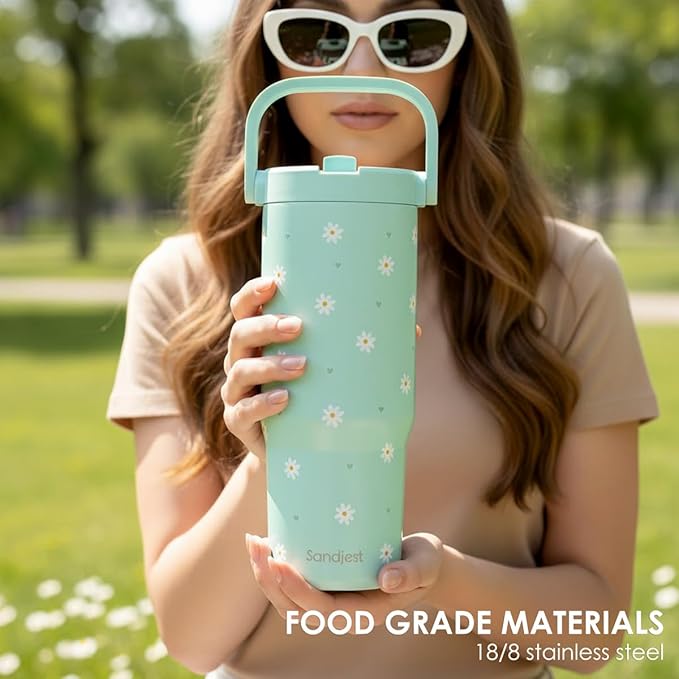 SANDJEST Daisy Stainless Steel Straw Lid Tumbler 30oz with Carry Handle for Women Girls, Insulated Travel Coffee Cup, Gift for Sports Outdoor Workout Christmas Birthday (Mint) - Bloomnest