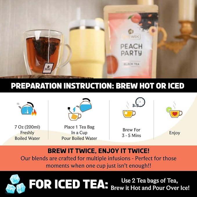 BREWIX, Peach Black Tea (50 Plant Based Pyramid Bags) | Premium Black Tea with Peach | Floral & Refreshing | Iced or Hot | Caffeinated And Sugar-Free - Bloomnest