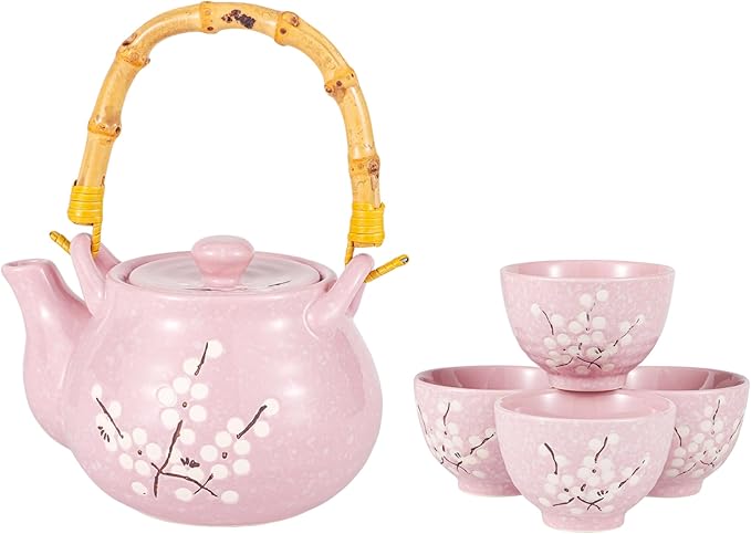 Japanese Plum Blossom Design Tea Set 27 fl oz Teapot with 4 Cups Serving Home Decor Asian Fusion Housewarming Decor (Pink) - Bloomnest