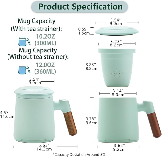 ZENS Tea Cup with Infuser and Lid for Loose Leaf Steeping, 16.9oz Embossed Ceramic Tea Infuser Mug, Wood Handle Tea Diffuser, Great Gift