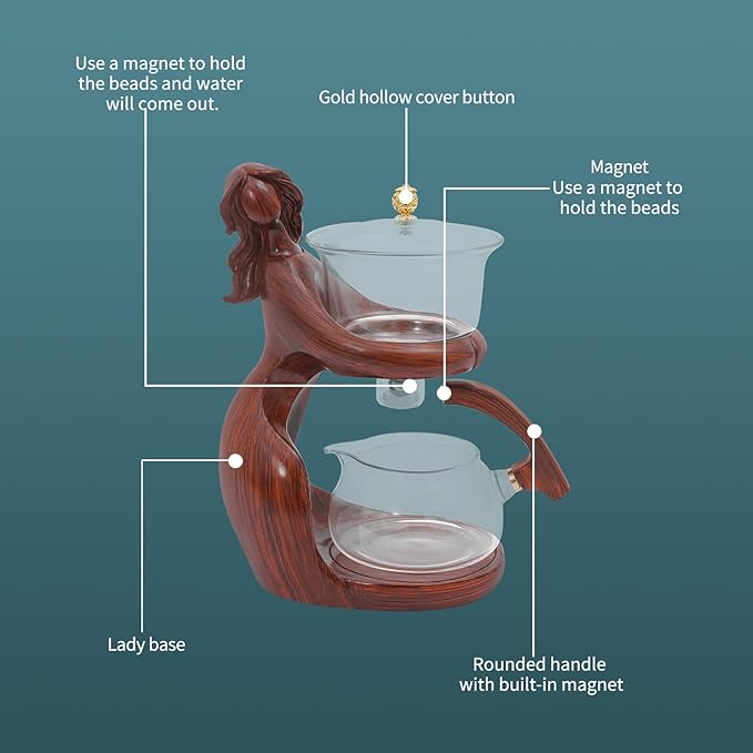 Semi Automatic Glass Teapot Set with 6 Small Cups, Magnetic Teapot with Infuser Tea Maker Machine for Homes, Offices, Gatherings (Red Brown)