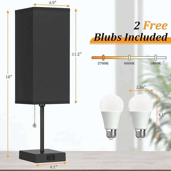 Table Lamp for Bedroom set of 2,3-Color Bedside Lamps with Pull Chain Table Lamps for Nightstand with AC Outlets,18'' Night Light Lamps with 2 Bulbs Lamps for Living Room Kids Office Decor（Black） - Bloomnest