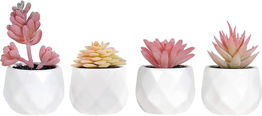 Tiita Artificial Faux Succulents in Pots, Pink Fake Plants Ceramic Arrangement Planter for Women Desk Small Mini Tiny Decoration for Home Office Desk Window 4 Set, Pink - Bloomnest