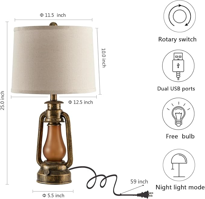 RORIANO 25" Set of 2 Rustic Lantern Table Lamps for Living Room Bedroom, 2 USB Ports Farmhouse Vintage Bedside Desk Lamp Nightlight for Entryway Office End Table, 4 Bulbs Included - Bloomnest