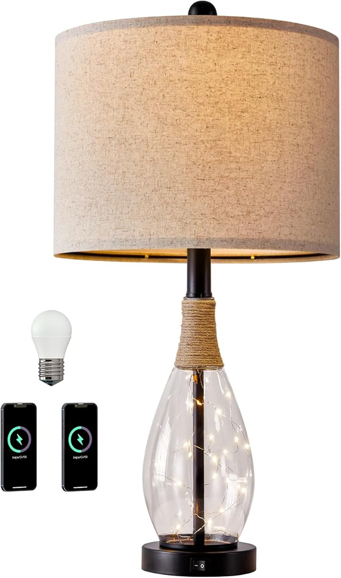 OYEARS 23" Farmhouse Table Lamps for Living Room,Boho Rattan Bedside Lamps with USB-C & USB-A Ports, Glass Nightlight, Dual Light Sources, Black - Bloomnest