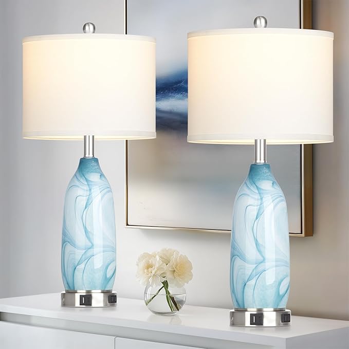 26" Coastal Glass Table Lamps Set of 2, Touch Control Bedside Lamp with USB A+C Ports and AC Outlet, Blue Lamp with Night Light for Nightstand Living Room Bedroom, 2 LED Bulbs Included - Bloomnest