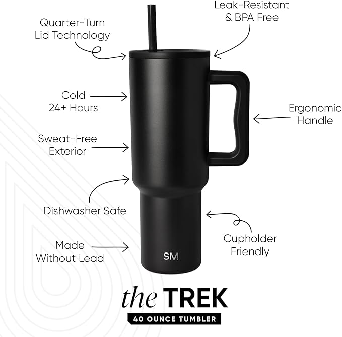 Simple Modern 40 oz Trek Tumbler with Handle and Straw Lid | Cup Holder Friendly Insulated Stainless Steel Travel Mug | Midnight Black SimpleModern