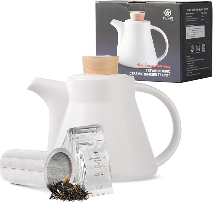 TETWIN Ceramic Teapot with Infuser, 25oz White Tea Pot with 8 Loose Leaf Tea Sampler Gift Set – Porcelain Teapot for Loose Tea, Elegant Nordic Design, Dishwasher Safe