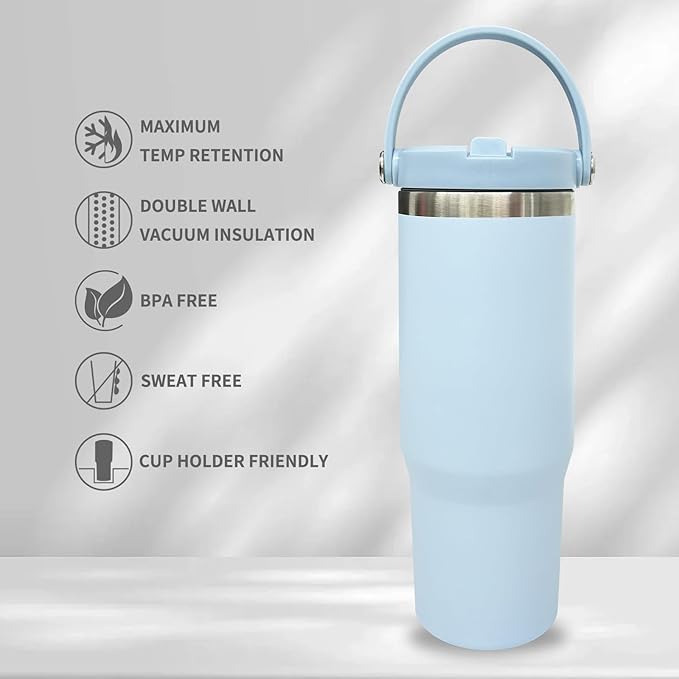 30 oz Tumbler Bulk with Top Handle, Double Wall Vacuum Insulated Tumbler with Flip Straw, Travel Coffee Mug 30oz Powder Coated Cup for Laser Engraving (Blue,8 pack)