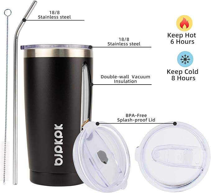 BJPKPK 20 oz Tumbler with Lid and Straw Insulated Travel Coffee Mug Reusable Stainless Steel Thermal Cups,Black - Bloomnest