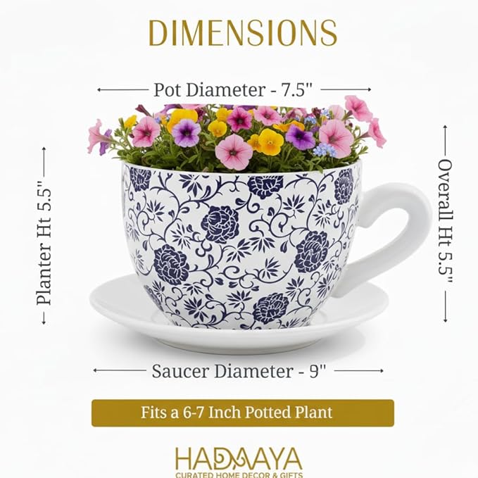 7.5" Ceramic Teacup Planter Pot with Saucer | Ideal for Succulents, Orchids, Herbs & Flowers | Indoor Use| Thoughtful Gift for Birthday, Gift Basket, Sympathy & More – White Blue Floral Teacup Planter - Bloomnest