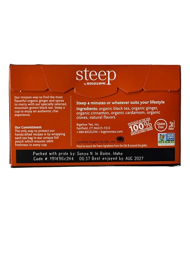 steep Organic Chai Black Tea 20 Count Box (Pack of 1), Certified Organic, Gluten-Free, Kosher Tea in Foil-Wrapped Bags - Bloomnest