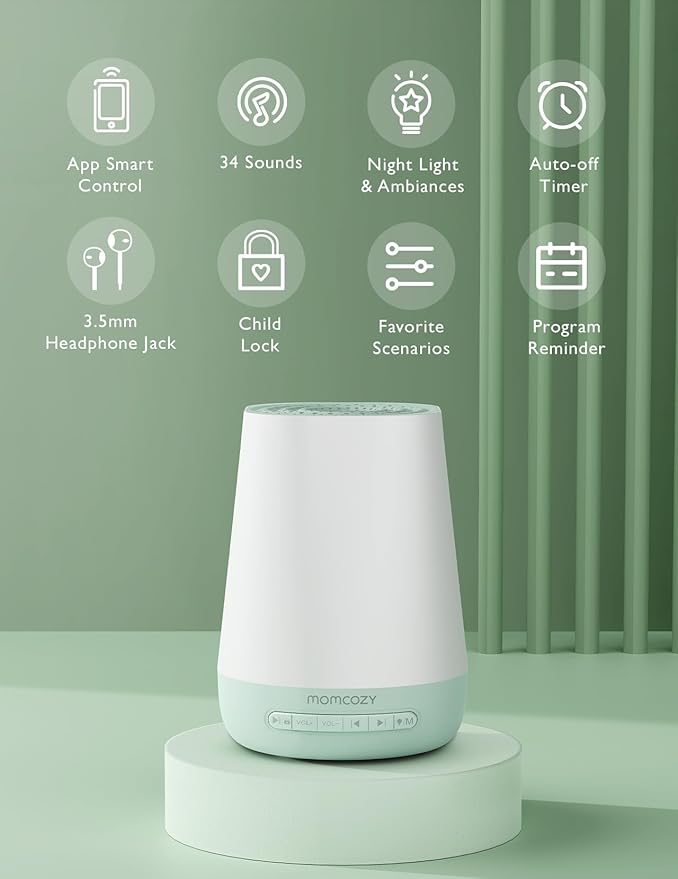 Baby Sound Machine, Momcozy White Noise Machine for Baby Sleeping with Night Light, Toddler Sleep Trainer with 34 Soothing Sounds, Timer, App Remote Control, Personal Sleep Routine(Green) - Bloomnest