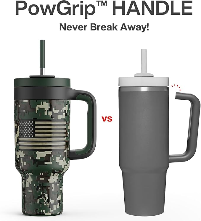 40 oz Camo Tumbler with Handle, 2-in-1 Straw and Sip Lid, Leakproof, Dishwasher Safe, Insulated Stainless Steel Travel Coffee Mug, Keeps Cold for 34 Hours, Fits in Car Cupholder (Woodland Flag) - Bloomnest