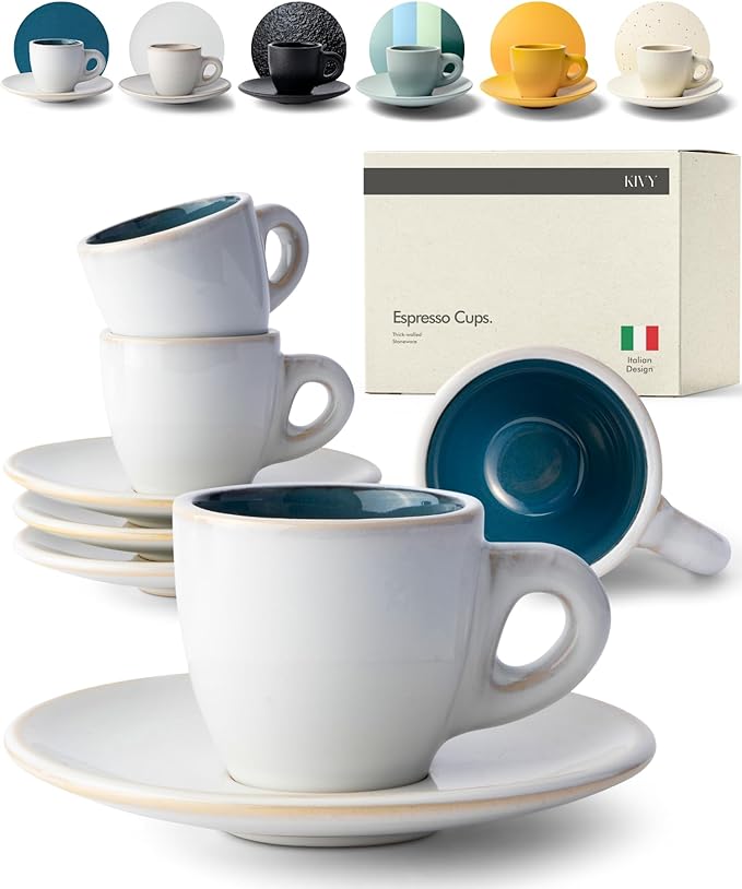 KIVY 3 oz Espresso cups set of 4 - Thick walled stoneware espresso cup set - Italian style espresso cups and saucers - Expresso shots cup - Small coffee mugs and saucers - Blue - Bloomnest