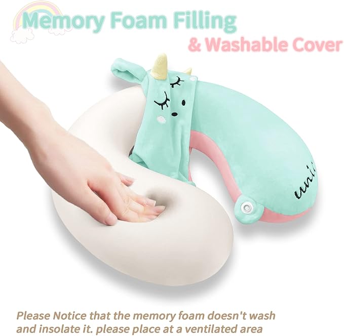 Neck Travel Pillow for Kids, Unicorn Airplane Memory Foam Pillow with Cute Sleep Mask & Earplugs, Lightweight Travelling Sleeping Pillow Set for Car, Train, Bus and Home Use (Blue) - Bloomnest