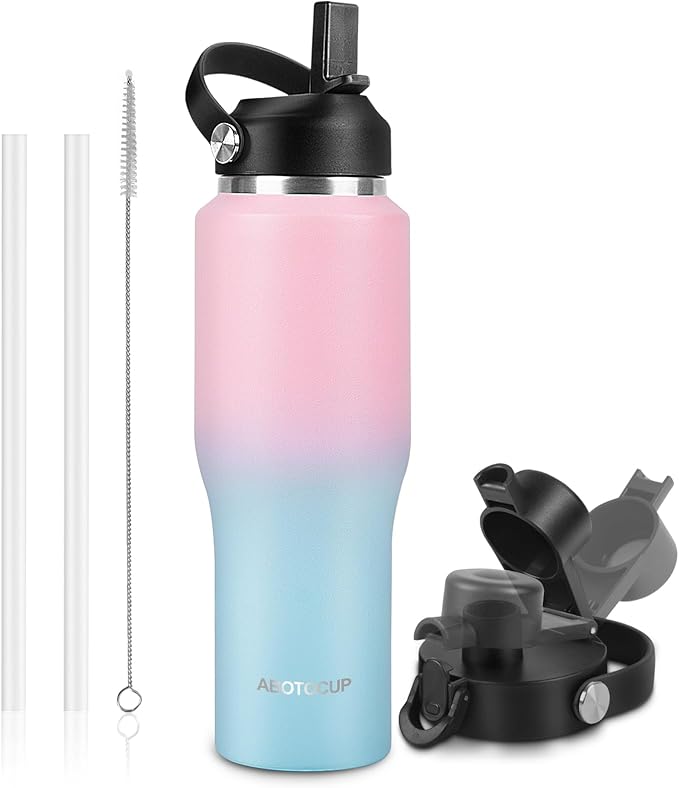 32oz Water Bottle with Powder Coated, Fit in Any Car Cup Holder, Water Bottle with Straw Lids, Stainless Steel Insulated Water Flask Double Wall Leak-proof BPA Free to Keep Cold&Hot - Bloomnest