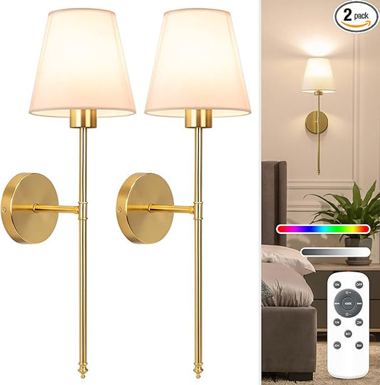 NIORSUN Battery Operated Wall Sconce Set of 2,Gold Rechargeable Wall Lights with 5200mAh Dimmable Bulbs and Remote,10 Colors Wireless Wall Lamps for Bedroom Living Room Hallway Decor - Bloomnest