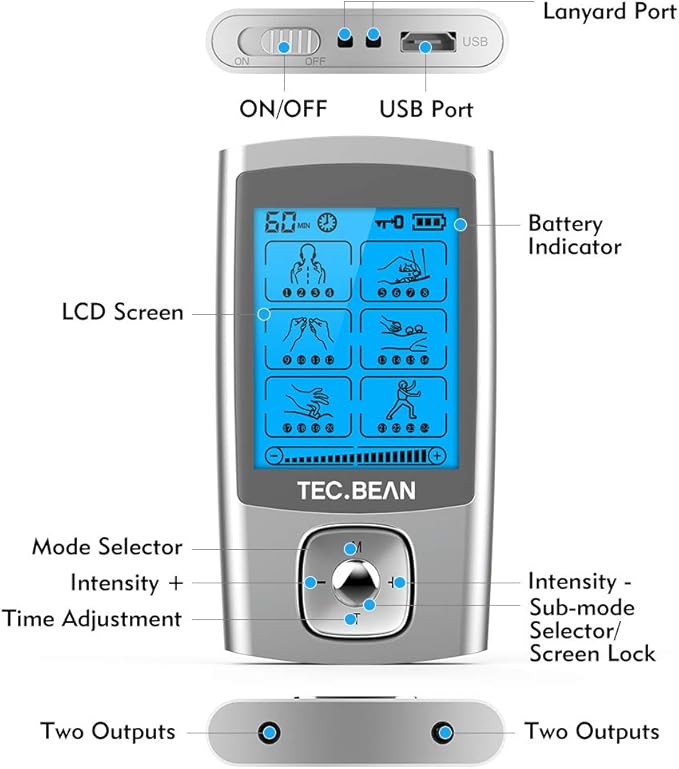 24 Modes Tens Unit Muscle Stimulator, Rechargeable Tens Machine with 8 Electrode Pads (American Gel), Electric Pulse Massager for Pain Relief Therapy(Silver) TECBEAN