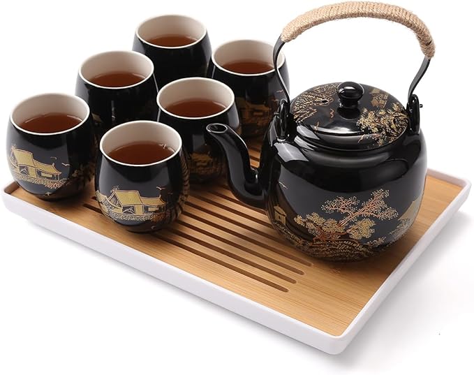 Dujust Japanese Tea Set, Black Porcelain Tea Set with 1 Teapot Set, 6 Tea Cups, 1 Tea Tray, 1 Stainless Infuser, Beautiful Asian Tea Sets for Adults, Tea Lover/Women/Men (Countryside in Golden) - Bloomnest