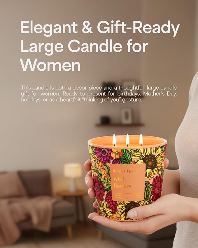 Wild Flowers Scented Candle, 30oz Natural Soy Wax, Large 3 Wicks Luxury Aromatherapy | Natural Candles Non-Toxic | 100+ Hour Clean Burn,Long Lasting Big Candles for Home Decor,Stress Relief,SPA - Bloomnest