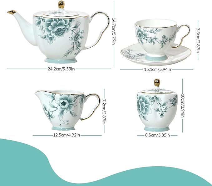 ACMLIFE Bone China Tea Cups and Saucers for 1, 6.8 oz Teacup Set for Adults, with Gold Trim and Gift Box, Blue and White Chinese English British Wedding Tea Set for One Coffee Cup Set (Blue-Leaf) - Bloomnest