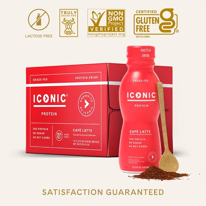 Iconic Protein Drinks, Café Latte (12 Pack) - Sugar Free & Low Carb - 20g Protein + 100mg Caffeine - Lactose Free, Gluten Free - Keto Friendly Protein Coffee - Bloomnest