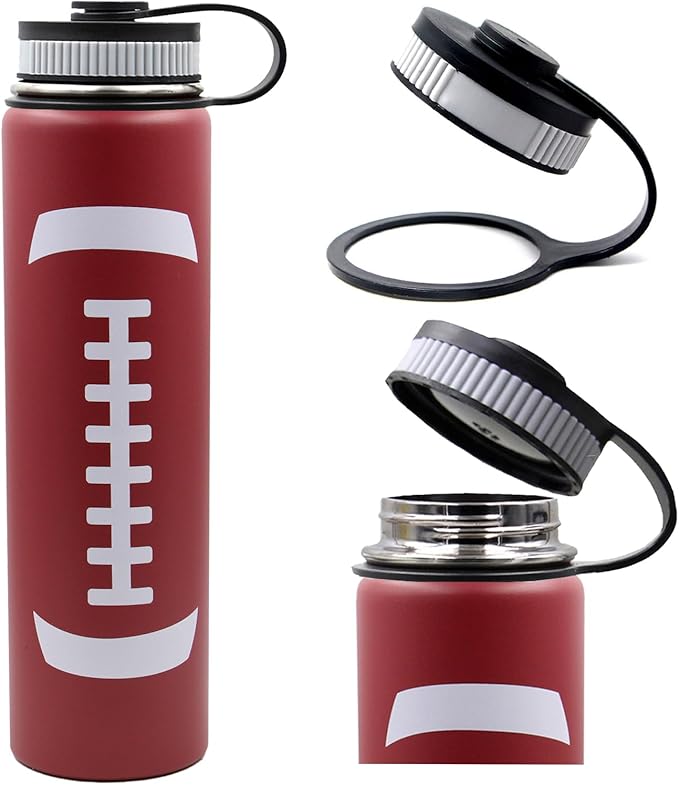 25 oz Football Water Bottle with Straw, Sports Flask Metal Travel Tumbler with 2 Lids, Stainless Steel Double Wall Vacuum Insulated Leak Proof Thermo Water Bottles, Football Gear Gifts for Boys Girls - Bloomnest