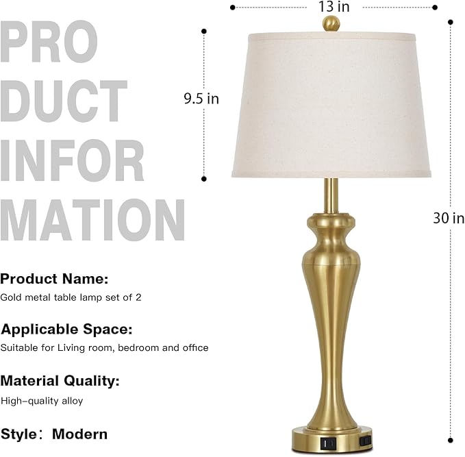 30" Gold Tall Table Lamps for Living Room, Touch Control Bedroom Lamp with USB A+C Ports and AC Outlet, 3-Way Dimmable Bedside Table Lamps Set of 2, Modern Metal Lamp for Nightstand - Bloomnest