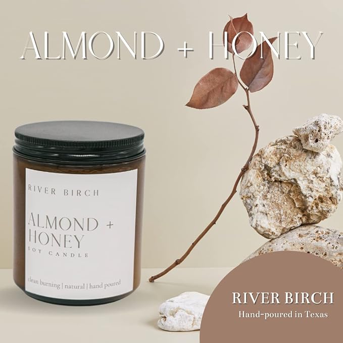 River Birch Candles Almond + Honey Scented Candle | Premium, All-Natural, Non-Toxic, Soy Amber Jar Candles | 8.5oz 40 Hr Burn Time | Cozy Relaxing Gifts for Home - Bloomnest