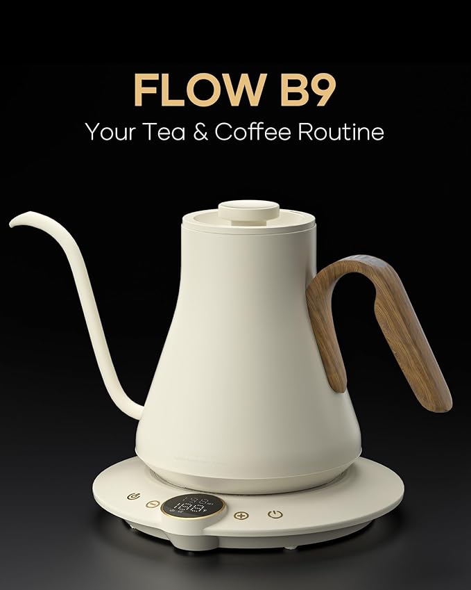 Cocinare FLOW B9 Gooseneck Electric Kettle, Precise Temperature Control for Pour-Over Coffee & Tea Brewing, Stainless Steel Interior, Rapid Heating for Boiling Water 1500W/0.9L (Morandi White) - Bloomnest