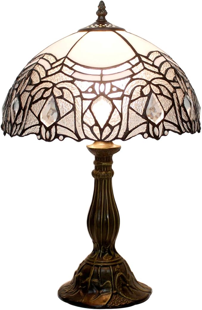 WERFACTORY Tiffany Lamp White Bent Stained Glass Bedside Table Lamp Desk Reading Light 12X12X18 Inches Decor Bedroom Living Room Home Office S508W Series - Bloomnest