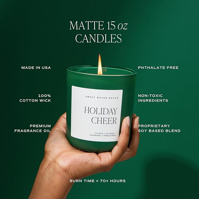 Sweet Water Decor Merry and Bright Christmas Candle - Fir, Nutmeg, Clove, Bayberry Winter Holiday Scented Soy Candles for Home - 15oz Green Jar, 70+ Hour Burn Time, Made in The USA - Bloomnest