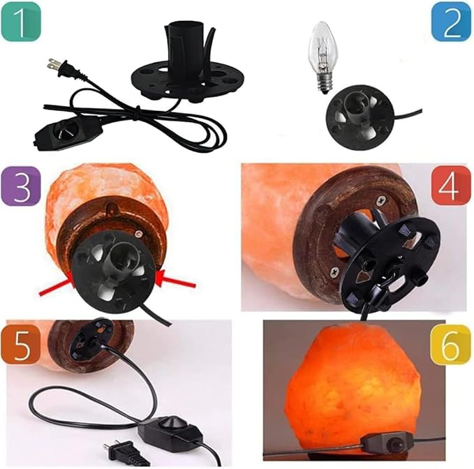 Himalayan Salt Lamp Cord Replacement with Dimmer Switch, 5 Feet Cords with Base Assembly and 6 E12 Halogen Bulbs