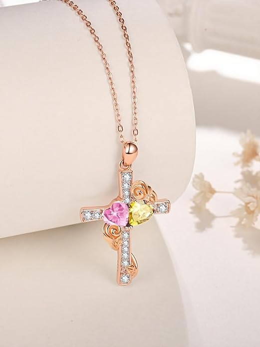 Rose Gold Dual Birthstones Cross Necklace for Women Rose Flower Jewelry Anniversary Christmas Mother's Valentine's Day Birthday Gift for Wife Girlfriend Mom - Bloomnest