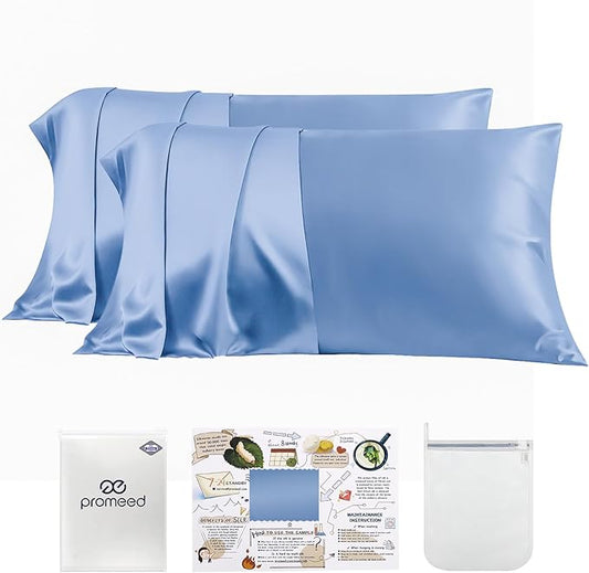 PROMEED 23 Momme Silk Pillowcase 2 Pack for Hair and Skin, 3rd Gen Grade 6A+ 100% Mulberry Silk Pillow Case Set of 2, Cooling Pillow Cases for Hot Sleepers (Standard 20"x26", Light Blue) - Bloomnest