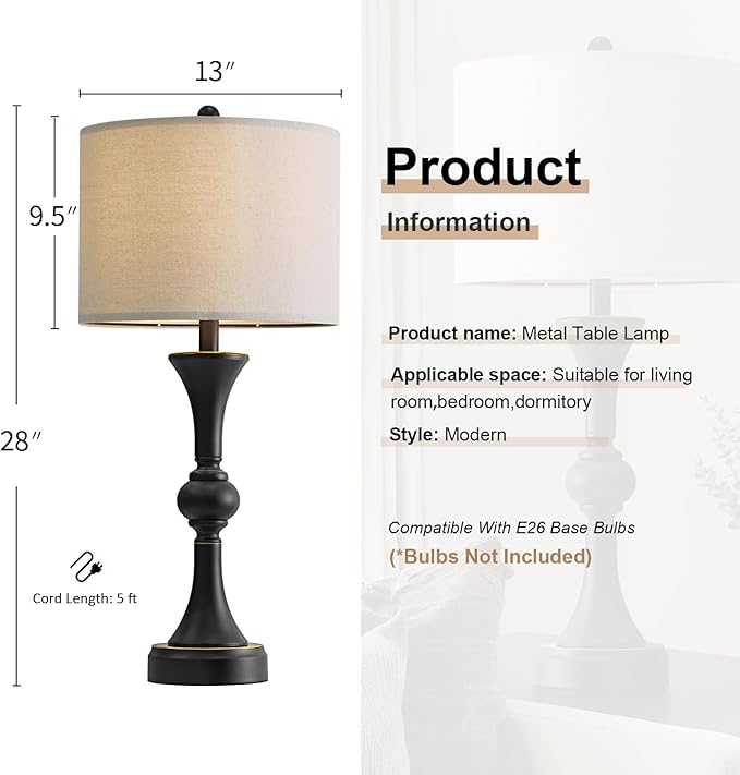 Oneach 28" Modern Table Lamps Set of 2 for Living Room, Bedside Lamps with USB Ports, Black Nightstand Lamps Set for Bedroom Farmhouse Lamp End Table Lamps (Bulbs not Included) - Bloomnest