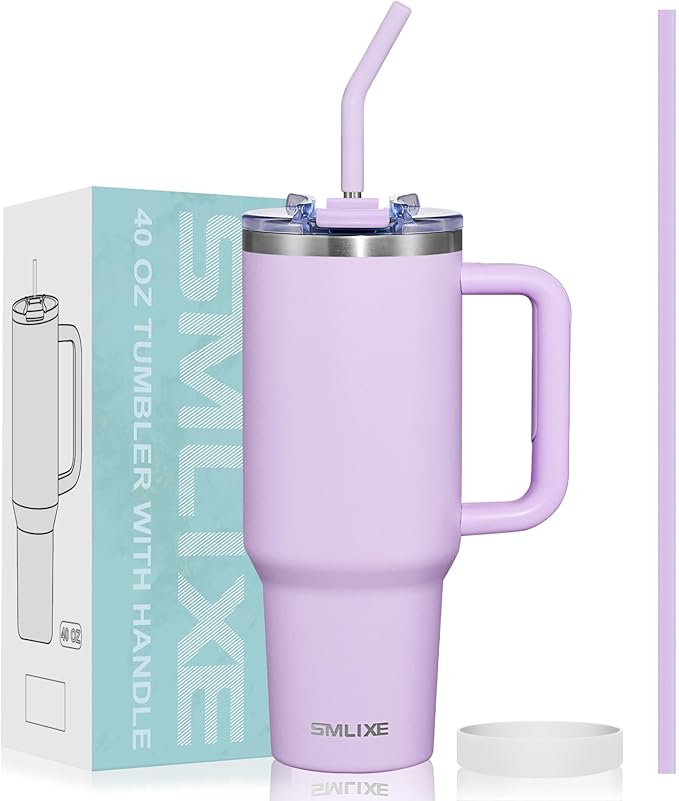 40 oz Tumbler with Handle and Straw Lid,Insulated Reusable Stainless Steel Water Bottle Travel Mug，Cupholder Friendly Double Wall Vacuum Sealed Cup (Lavender Purple) - Bloomnest