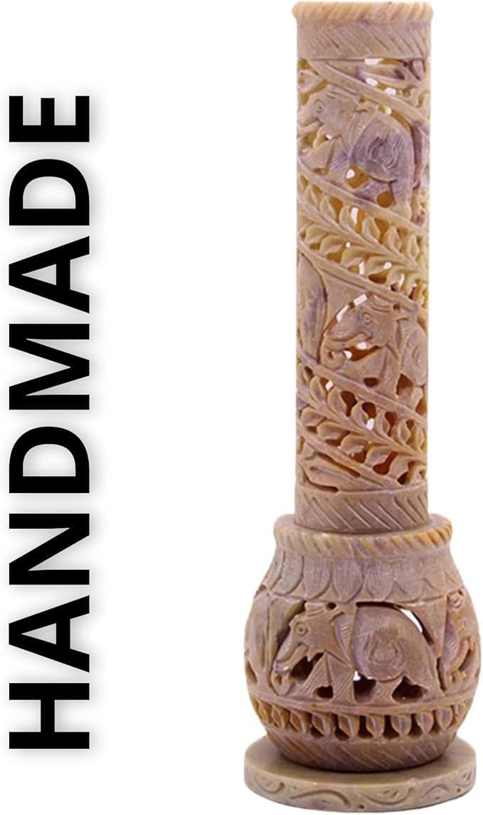 Carry Me Hand Carved Soapstone Incense Stick Holder | Candle Burner | Tea Light Stand. Elephant Jaali Carving Bottle Shape. Decorative Home and Kitchen Decor - (3x3x10.5 Inches) - Bloomnest