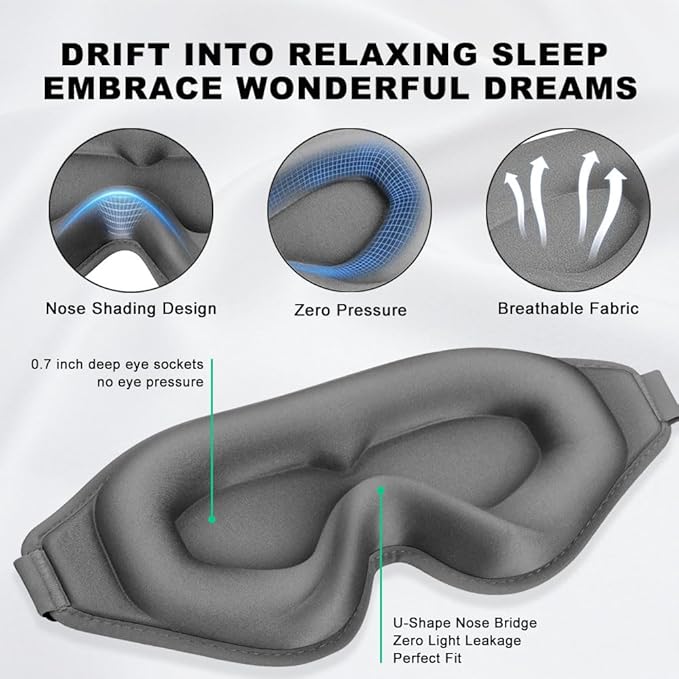 3D Contoured Sleep Eye mask Side Sleeper Men Women Zero Eye Pressure high Density Memory Foam Soft Breathable Light Blocking Night Blindfold Travel Yoga Napping Gray - Bloomnest