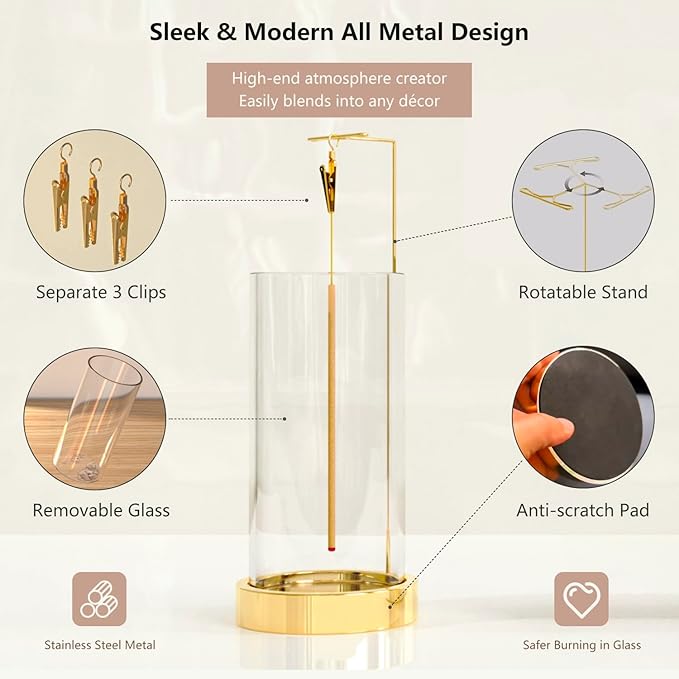 Incense Holder Ash Catcher - Upside Down Glass Incense Holder for Sticks, Reverse Inverted Anti Ash No Mess Insence-Stick Holder, Modern Metal Vertical Incense Burner for House Decor, Gold - Bloomnest