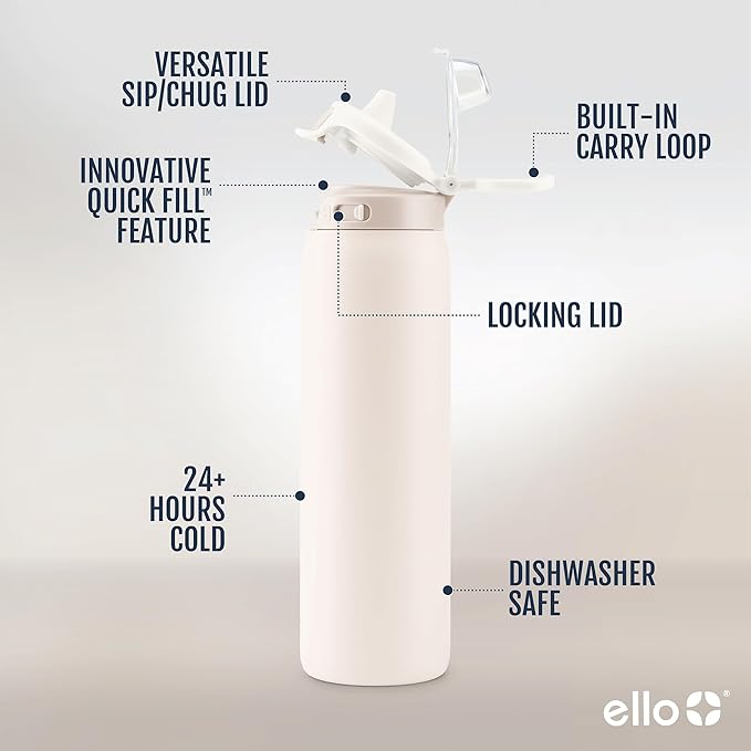 Ello Pop & Fill Insulated Stainless Steel Water Bottle with Quick Fill Lid, Leakproof Locking, Sip or Chug Spout, BPA-Free, Double Wall Vacuum Insulated for Sports, Travel & School- 22oz / 32oz / 40oz Ello