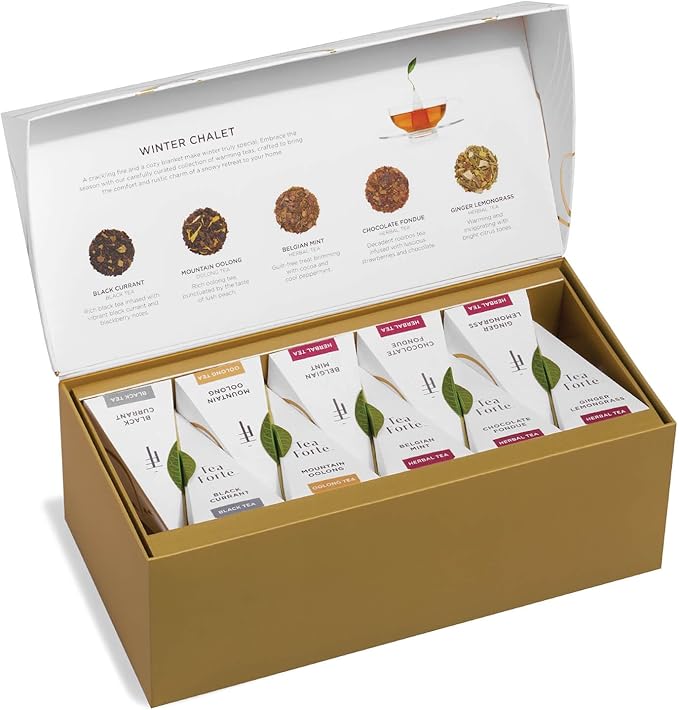 Tea Forte Winter Chalet Premium Presentation Box Gift Set Sampler, 20 Count, 4 of Each Blend Individually Wrapped Handcrafted Pyramid Infuser Bags - Bloomnest