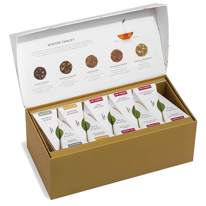 Tea Forte Winter Chalet Premium Presentation Box Gift Set Sampler, 20 Count, 4 of Each Blend Individually Wrapped Handcrafted Pyramid Infuser Bags