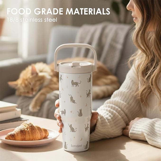 SANDJEST Cat Stainless Steel Straw Lid Tumbler 30oz with Carry Handle for Women Girls Cat Lovers, Insulated Travel Coffee Cup, Gift for Sports Outdoor Workout Christmas Birthday - Bloomnest
