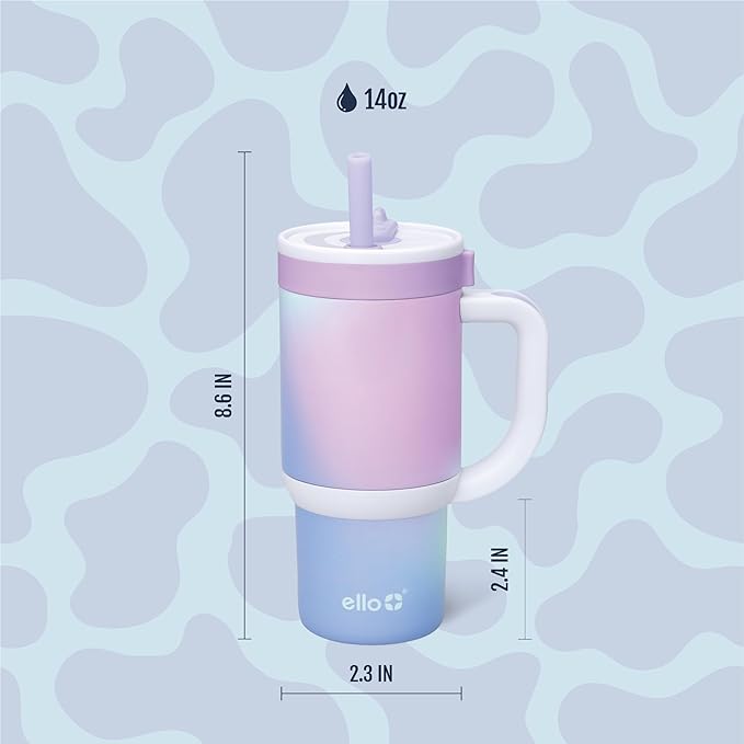 Ello Oasis 14oz Stainless Steel Toddler Tumbler with Handle & Retracting Straw, 100% Leakproof, Double-Wall Vacuum Insulated, Kids Water Bottle for School, BPA Free, Dishwasher Safe, Purple Swirl - Bloomnest