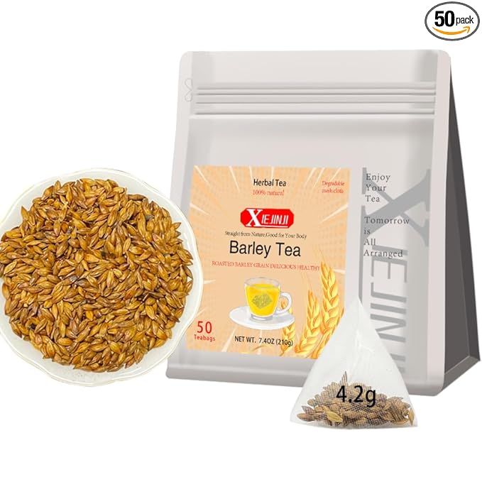 XIEJINJI Barley Tea, 4.2g x 50 Count (7.4 oz), 100% Pure Natural Roated Barley Grains Herbal Tea, Eco-Conscious Tea Bags, Caffeine-Free Herbal Tea for Digestive Support & Relaxation - Bloomnest