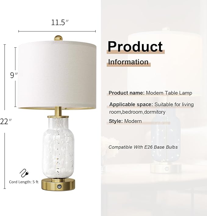Oneach 22" Glass Table Lamps Set of 2, White Modern Bedside Lamp with LED Night Light for Living Room, Nightstand Lamp with USB Ports for Bedrooms, Study Room, End Table(2 Bulbs Included) - Bloomnest