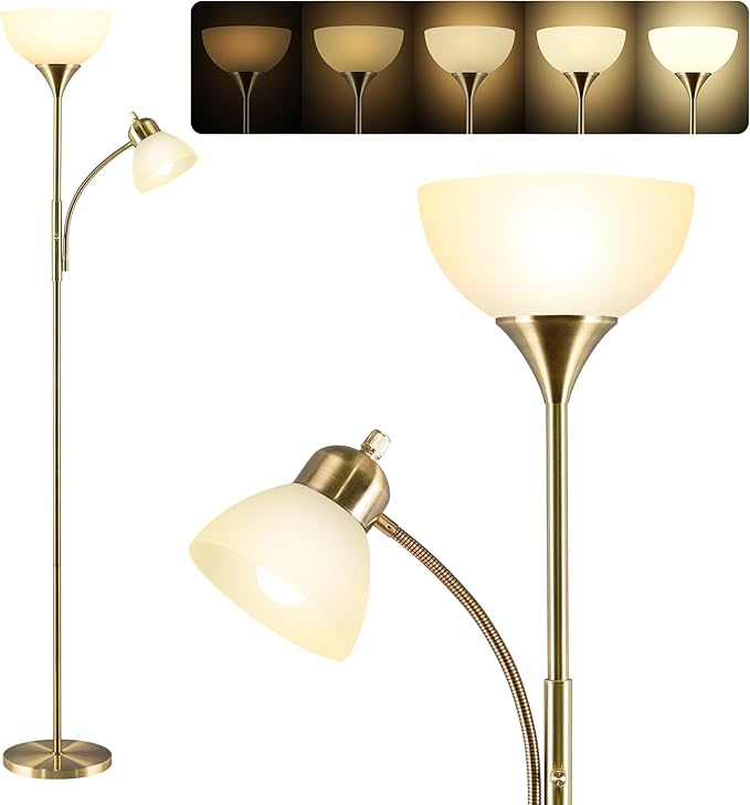 Floor Lamp, Dimmable Standing lamp, Stepless Dimming Brightness, Included 9W and 5W LED Bulbs, Industrial Floor Lamp for Living Room, Bedroom, Office, Reading - Bloomnest