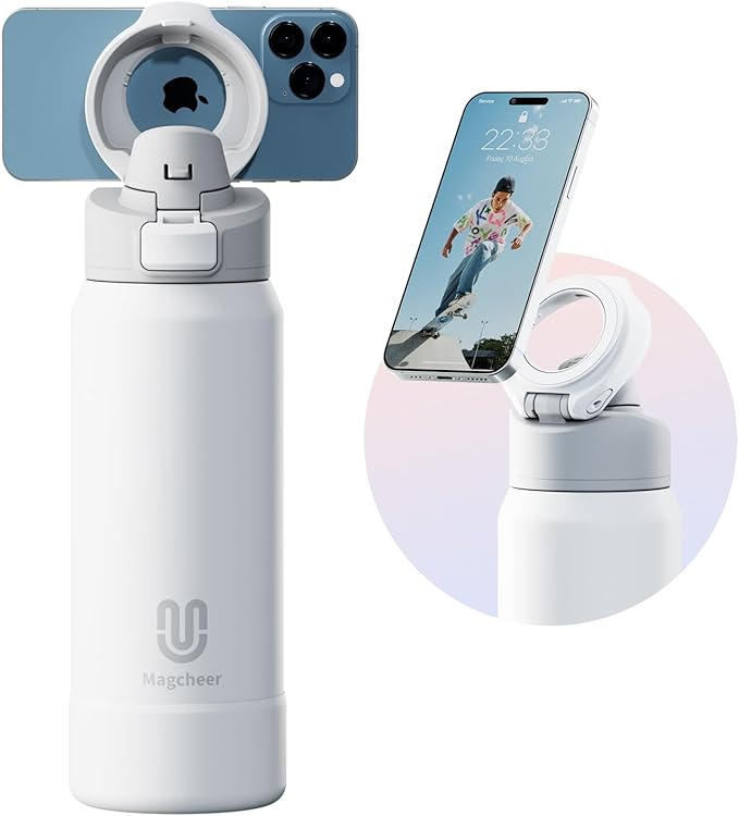 Insulated Magnetic Water Bottle - Reusable Stainless Steel Bottle with MagSafe Compatible Phone Holder - Keeps Cold for 24 Hours - Perfect for Gym, Sports, and Travel - White 32oz Magcheer
